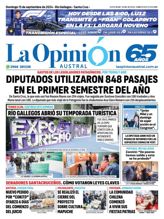 Diario La Opinión Austral tapa edición impresa del domingo 15 de septiembre de 2024, Río Gallegos, Santa Cruz, Argentina