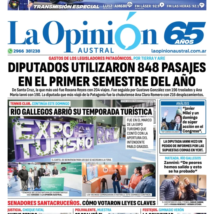 Diario La Opinión Austral tapa edición impresa del domingo 15 de septiembre de 2024, Río Gallegos, Santa Cruz, Argentina