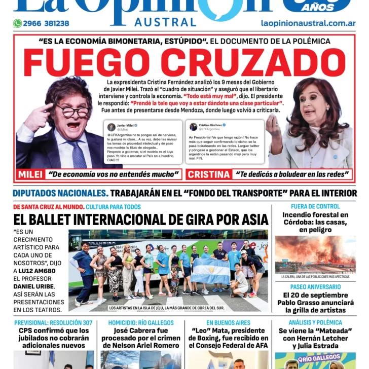 Diario La Opinión Austral tapa edición impresa del sábado 7 de septiembre de 2024, Río Gallegos, Santa Cruz, Argentina