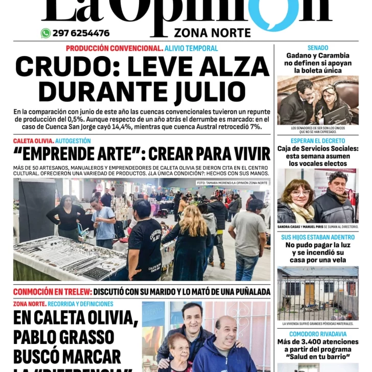 Diario La Opinión Zona Norte tapa edición impresa del lunes 9 de septiembre de 2024, Caleta Olivia, Santa Cruz, Argentina