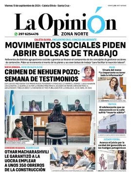 Diario La Opinión Zona Norte tapa edición impresa del viernes 13 de septiembre de 2024, Caleta Olivia, Santa Cruz, Argentina