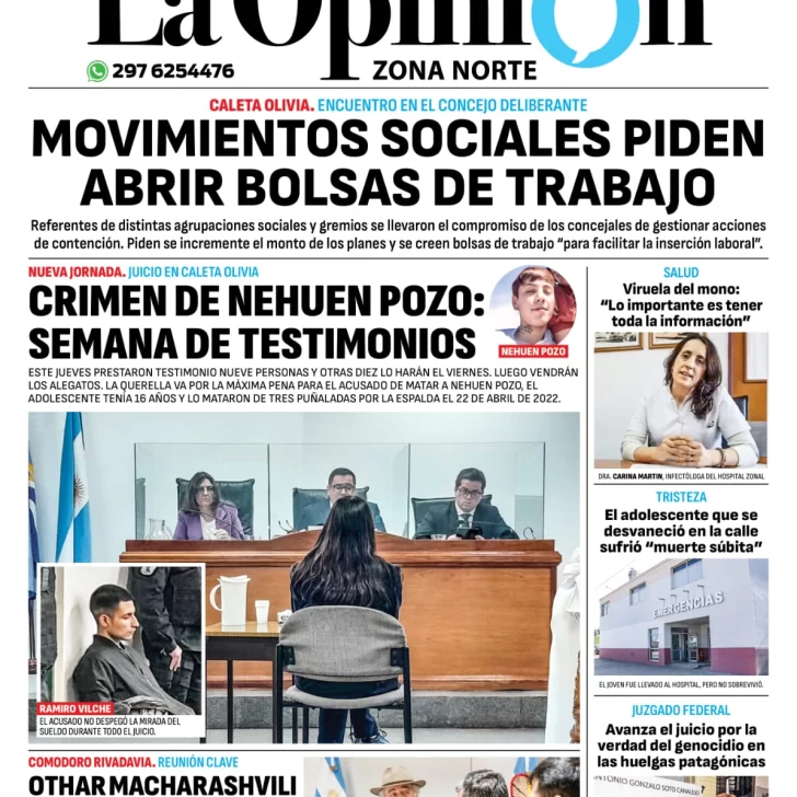 Diario La Opinión Zona Norte tapa edición impresa del viernes 13 de septiembre de 2024, Caleta Olivia, Santa Cruz, Argentina