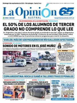 Diario La Opinión Austral tapa edición impresa del domingo 8 de septiembre de 2024, Río Gallegos, Santa Cruz, Argentina