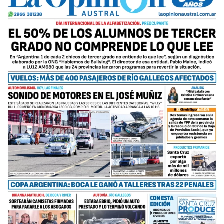 Diario La Opinión Austral tapa edición impresa del domingo 8 de septiembre de 2024, Río Gallegos, Santa Cruz, Argentina