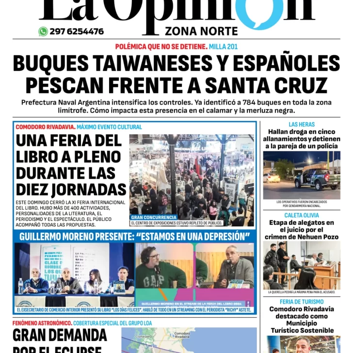 Diario La Opinión Zona Norte tapa edición impresa del lunes 30 de septiembre de 2024, Caleta Olivia, Santa Cruz, Argentina