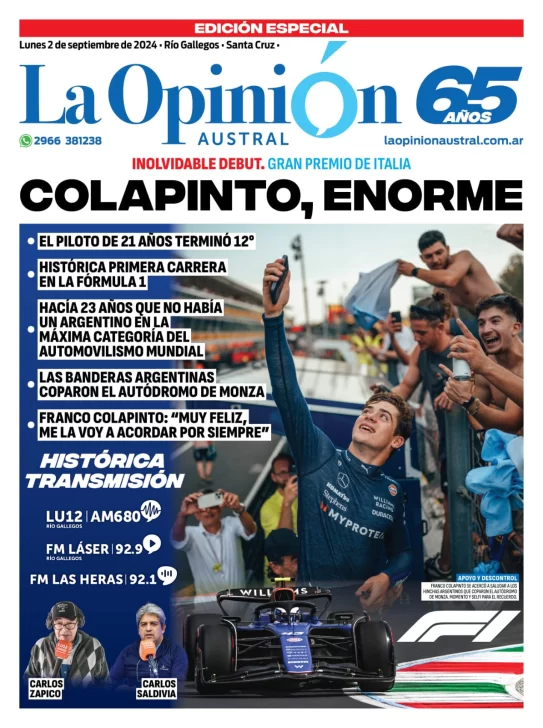 Tapa Especial de La Opinión Austral: Colapinto, enorme