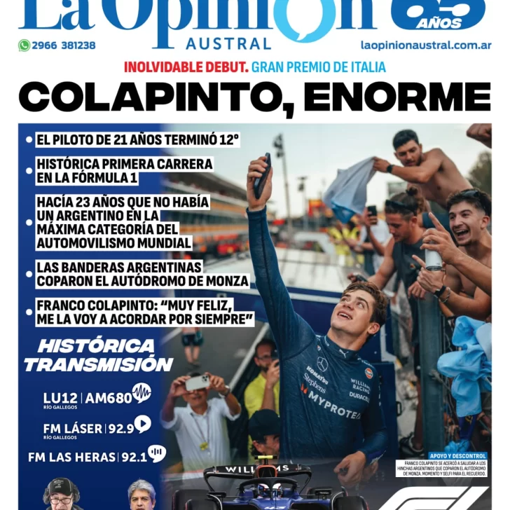 Tapa Especial de La Opinión Austral: Colapinto, enorme