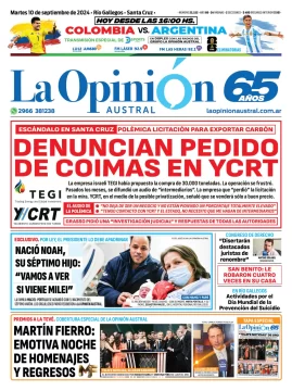 Diario La Opinión Austral tapa edición impresa del martes 10 de septiembre de 2024, Río Gallegos, Santa Cruz, Argentina