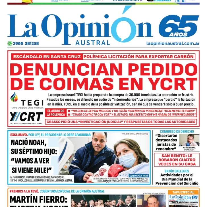 Diario La Opinión Austral tapa edición impresa del martes 10 de septiembre de 2024, Río Gallegos, Santa Cruz, Argentina