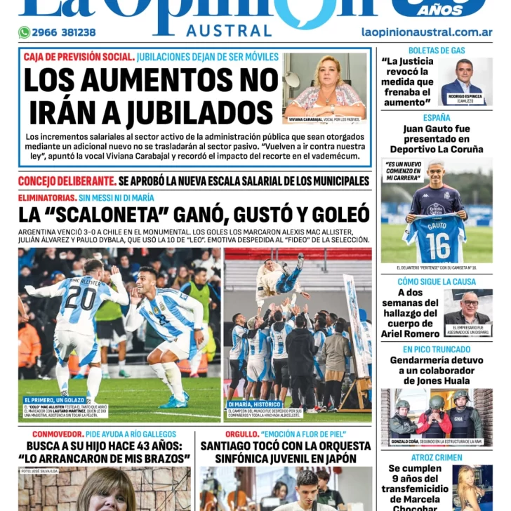 Diario La Opinión Austral tapa edición impresa del viernes 6 de septiembre de 2024, Río Gallegos, Santa Cruz, Argentina