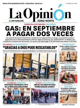 Diario La Opinión Zona Norte tapa edición impresa del martes 10 de septiembre de 2024, Caleta Olivia, Santa Cruz, Argentina