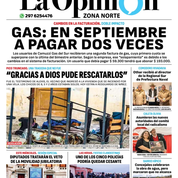 Diario La Opinión Zona Norte tapa edición impresa del martes 10 de septiembre de 2024, Caleta Olivia, Santa Cruz, Argentina