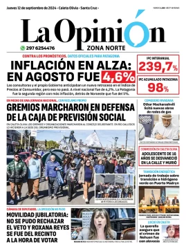 Diario La Opinión Zona Norte tapa edición impresa del jueves 12 de septiembre de 2024, Caleta Olivia, Santa Cruz, Argentina