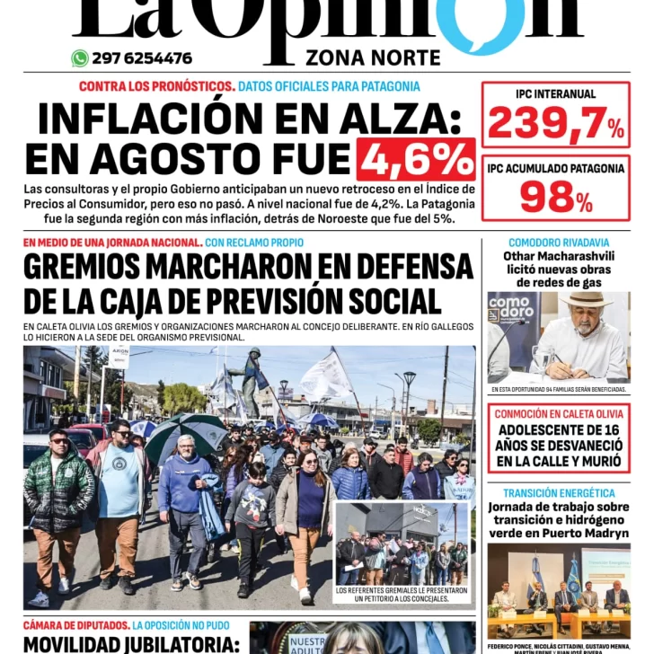 Diario La Opinión Zona Norte tapa edición impresa del jueves 12 de septiembre de 2024, Caleta Olivia, Santa Cruz, Argentina