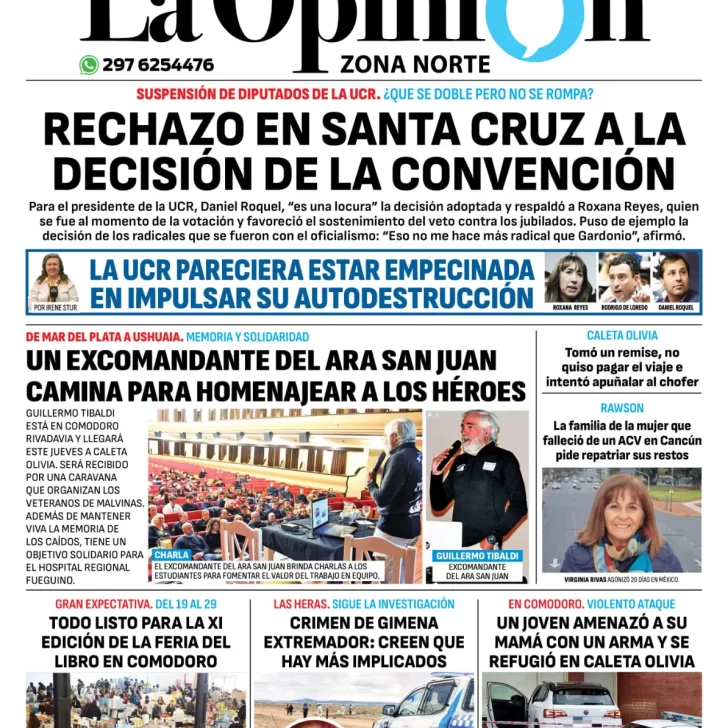 Diario La Opinión Zona Norte tapa edición impresa del miércoles 18 de septiembre de 2024, Caleta Olivia, Santa Cruz, Argentina