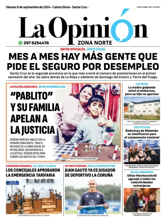 Diario La Opinión Zona Norte tapa edición impresa del viernes 6 de septiembre de 2024, Caleta Olivia, Santa Cruz, Argentina