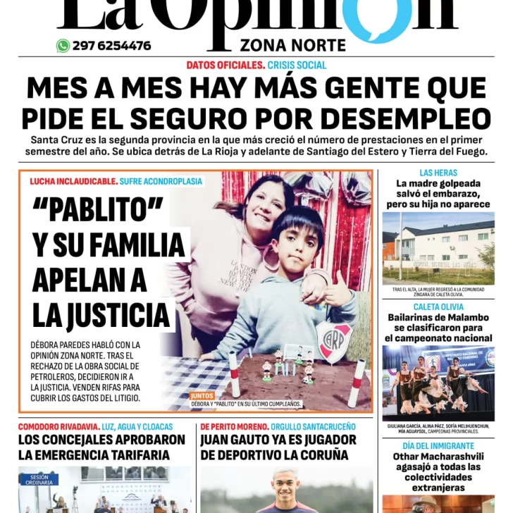 Diario La Opinión Zona Norte tapa edición impresa del viernes 6 de septiembre de 2024, Caleta Olivia, Santa Cruz, Argentina