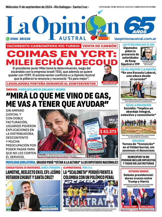 Diario La Opinión Austral tapa edición impresa del miércoles 11 de septiembre de 2024, Río Gallegos, Santa Cruz, Argentina