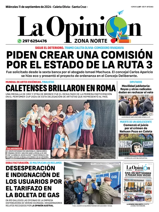 Diario La Opinión Zona Norte tapa edición impresa del miércoles 11 de septiembre de 2024, Caleta Olivia, Santa Cruz, Argentina