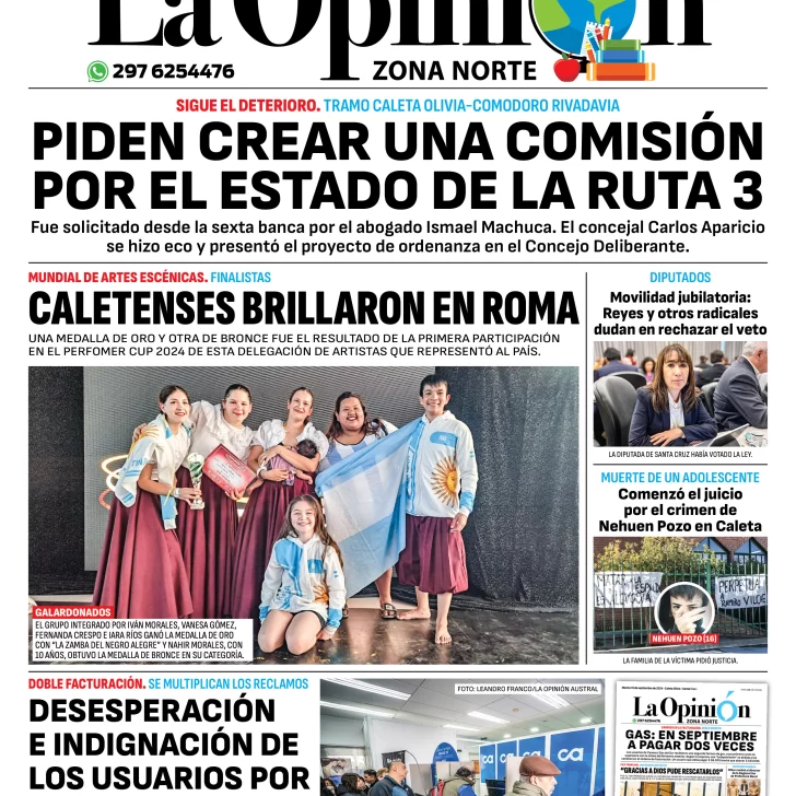 Diario La Opinión Zona Norte tapa edición impresa del miércoles 11 de septiembre de 2024, Caleta Olivia, Santa Cruz, Argentina