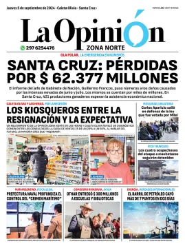 Diario La Opinión Zona Norte tapa edición impresa del jueves 5 de septiembre de 2024, Caleta Olivia, Santa Cruz, Argentina