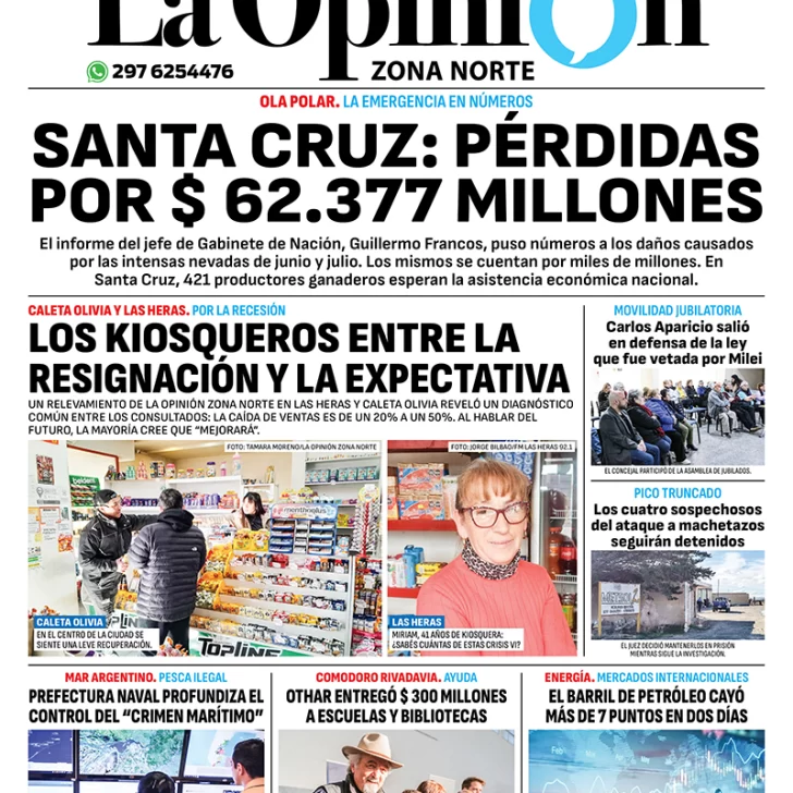 Diario La Opinión Zona Norte tapa edición impresa del jueves 5 de septiembre de 2024, Caleta Olivia, Santa Cruz, Argentina