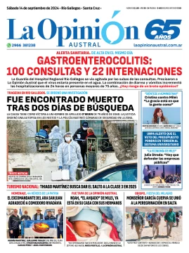 Diario La Opinión Austral tapa edición impresa del sábado 14 de septiembre de 2024, Río Gallegos, Santa Cruz, Argentina