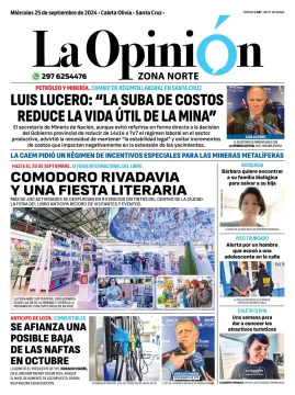 Diario La Opinión Zona Norte tapa edición impresa del miércoles 25 de septiembre de 2024, Caleta Olivia, Santa Cruz, Argentina