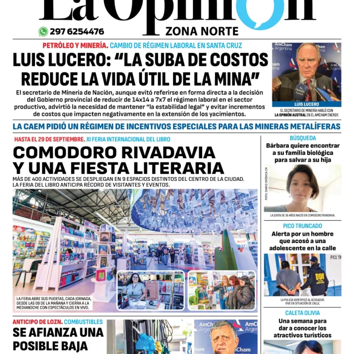 Diario La Opinión Zona Norte tapa edición impresa del miércoles 25 de septiembre de 2024, Caleta Olivia, Santa Cruz, Argentina