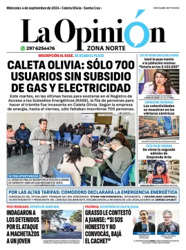 Diario La Opinión Zona Norte tapa edición impresa del miércoles 4 de septiembre de 2024, Caleta Olivia, Santa Cruz, Argentina