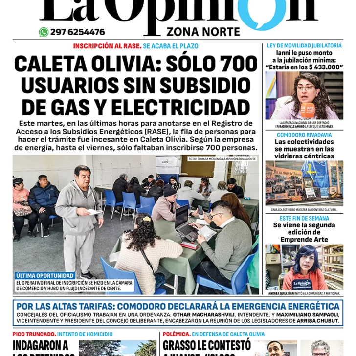 Diario La Opinión Zona Norte tapa edición impresa del miércoles 4 de septiembre de 2024, Caleta Olivia, Santa Cruz, Argentina