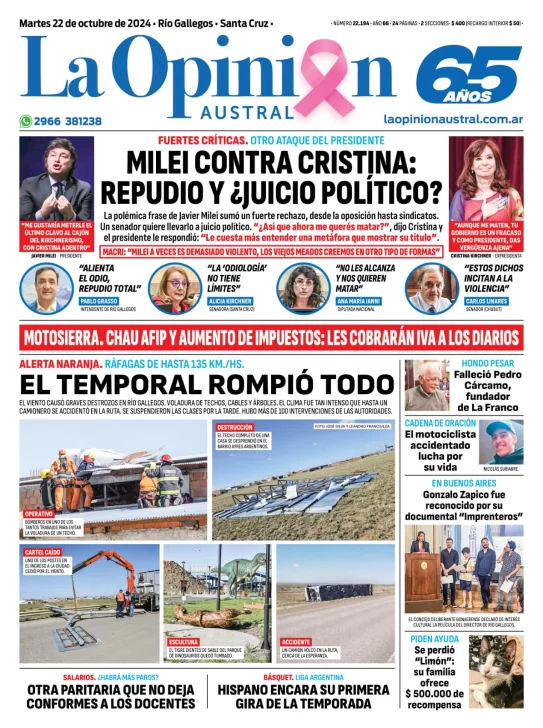 Diario La Opinión Austral tapa edición impresa del martes 22 de octubre de 2024, Río Gallegos, Santa Cruz, Argentina