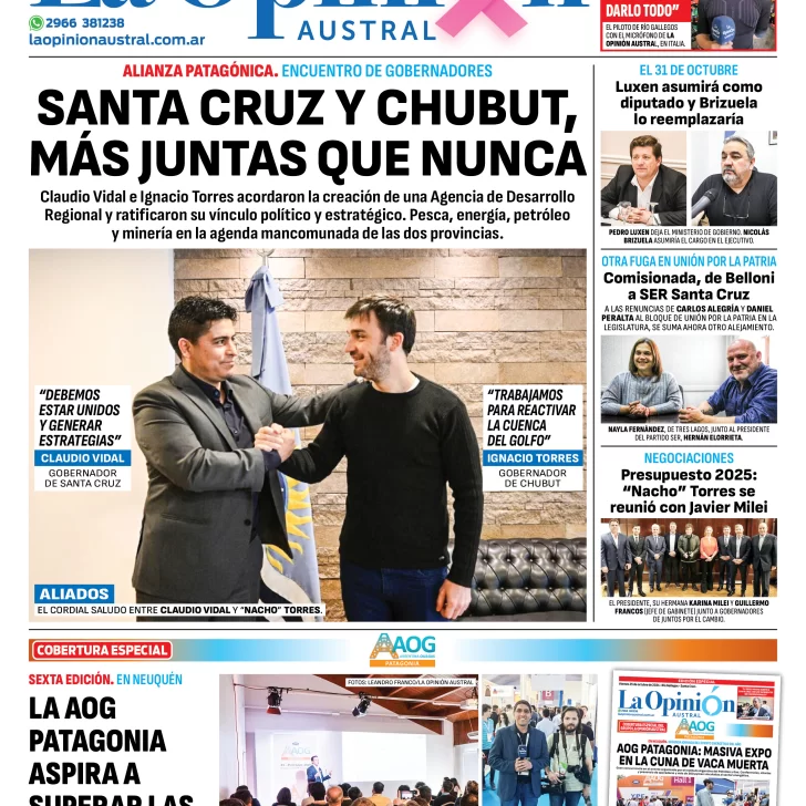 Diario La Opinión Austral tapa edición impresa del viernes 25 de octubre de 2024, Río Gallegos, Santa Cruz, Argentina