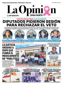 Diario La Opinión Zona Norte tapa edición impresa del viernes 4 de octubre de 2024, Caleta Olivia, Santa Cruz, Argentina