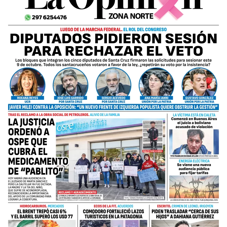 Diario La Opinión Zona Norte tapa edición impresa del viernes 4 de octubre de 2024, Caleta Olivia, Santa Cruz, Argentina