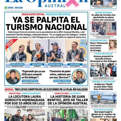 Diario La Opinión Austral tapa edición impresa del viernes 18 de octubre de 2024, Río Gallegos, Santa Cruz, Argentina