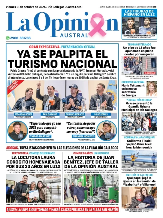 Diario La Opinión Austral tapa edición impresa del viernes 18 de octubre de 2024, Río Gallegos, Santa Cruz, Argentina