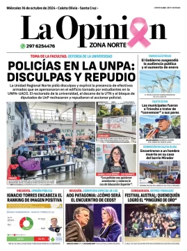 Diario La Opinión Zona Norte tapa edición impresa del miércoles 16 de octubre de 2024, Caleta Olivia, Santa Cruz, Argentina