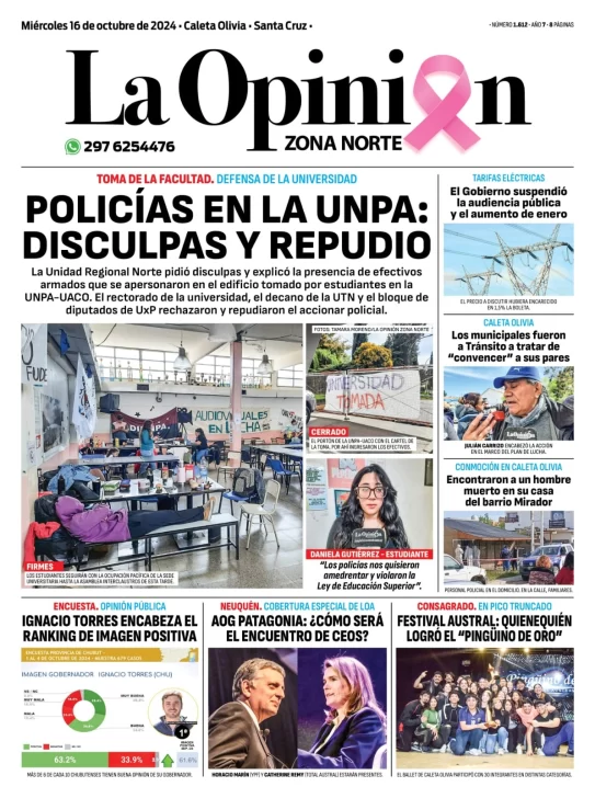 Diario La Opinión Zona Norte tapa edición impresa del miércoles 16 de octubre de 2024, Caleta Olivia, Santa Cruz, Argentina