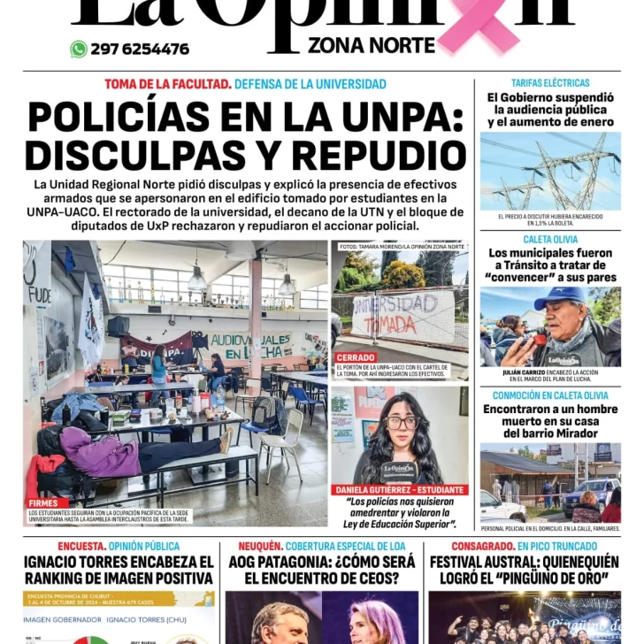 Diario La Opinión Zona Norte tapa edición impresa del miércoles 16 de octubre de 2024, Caleta Olivia, Santa Cruz, Argentina