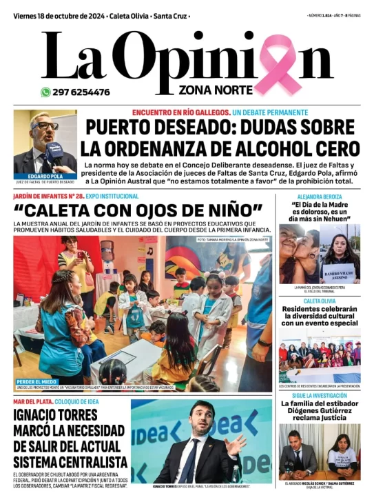 Diario La Opinión Zona Norte tapa edición impresa del viernes 18 de octubre de 2024, Caleta Olivia, Santa Cruz, Argentina