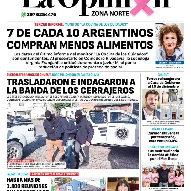 Diario La Opinión Zona Norte tapa edición impresa del lunes 21 de octubre de 2024, Caleta Olivia, Santa Cruz, Argentina