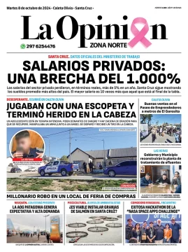 Diario La Opinión Zona Norte tapa edición impresa del martes 8 de octubre de 2024, Caleta Olivia, Santa Cruz, Argentina