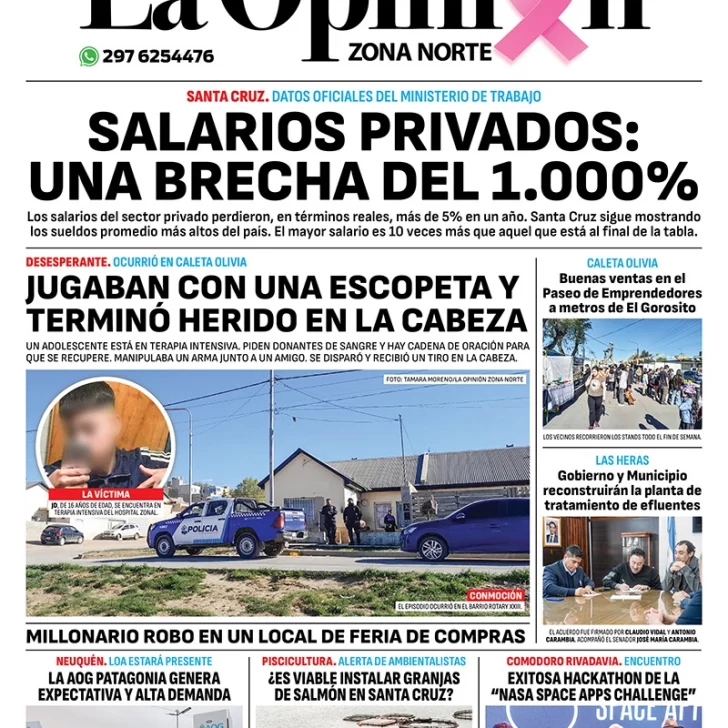 Diario La Opinión Zona Norte tapa edición impresa del martes 8 de octubre de 2024, Caleta Olivia, Santa Cruz, Argentina