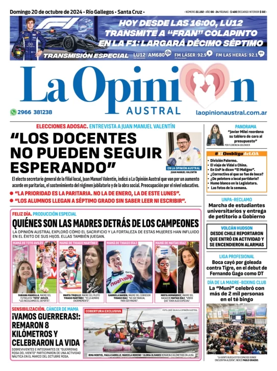 Diario La Opinión Austral tapa edición impresa del domingo 20 de octubre de 2024, Río Gallegos, Santa Cruz, Argentina