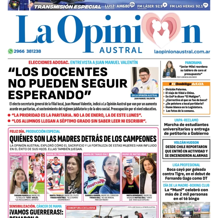 Diario La Opinión Austral tapa edición impresa del domingo 20 de octubre de 2024, Río Gallegos, Santa Cruz, Argentina