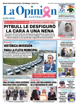 Diario La Opinión Austral tapa edición impresa del martes 15 de octubre de 2024, Río Gallegos, Santa Cruz, Argentina