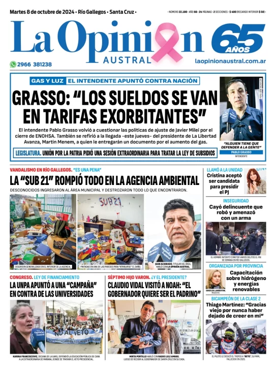 Diario La Opinión Austral tapa edición impresa del martes 8 de octubre de 2024, Río Gallegos, Santa Cruz, Argentina