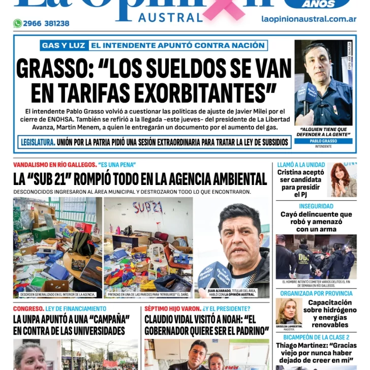 Diario La Opinión Austral tapa edición impresa del martes 8 de octubre de 2024, Río Gallegos, Santa Cruz, Argentina