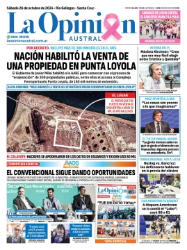 Diario La Opinión Austral tapa edición impresa del sábado 26 de octubre de 2024, Río Gallegos, Santa Cruz, Argentina